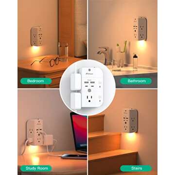 Surge Protector Outlet Extender - with Night Light, 5-Outlet Splitter and 4 USB Ports (2 USB C Charger), Multi Plug Outlet for Home, Dorm Room Essentials