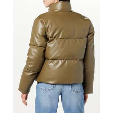 The Drop Women's Priscilla Vegan Leather Puffer, Capers Olive - Keep Warm & Chic!