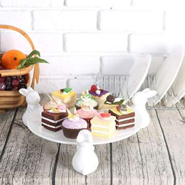 MyGift Decorative White Ceramic Cake Stand with Rabbit Design, 16-Inch Dessert Serving Tray