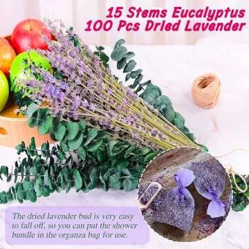 115 Pcs Eucalyptus Stems & Lavenders Flowers Bundles for Shower, 17'' Upgrade Hanging Shower Plant, Natural Real Eucalyptus Leaves Lavenders Stems with Chrysanthemums, fragrant Bathroom Decor
