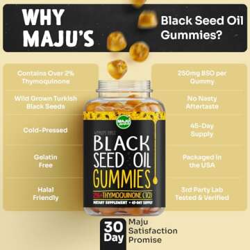 MAJU's Black Seed Oil Gummies, World's 1st, 2.5X Per BSO Gummy, Cumin Nigella Sativa Oil, Cold-Pressed, Potent Formula with Cinnamon Extract, Tasty, 500mg 90ct