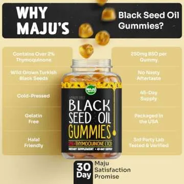MAJU's Black Seed Oil Gummies, World's 1st, 2.5X Per BSO Gummy, Cumin Nigella Sativa Oil, Cold-Pressed, Potent Formula with Cinnamon Extract, Tasty, 500mg 90ct