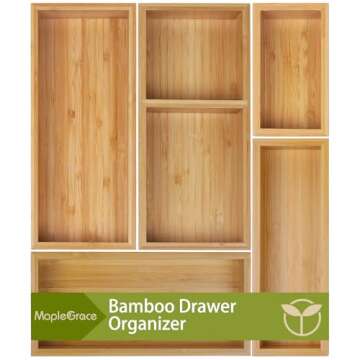 Bamboo Drawer Organizer Set, 5 PCS Multi-Use Individual Wood Storage Organizers, Junk Drawer Divider...