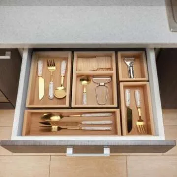 Bamboo Drawer Organizer Set, 5 PCS Elegant Storage Solution