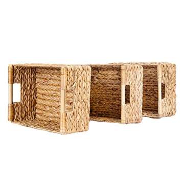 Large Wicker Basket Rectangular with Wooden Handles for Shelves, Water Hyacinth Basket Storage, Natural Baskets for Organizing, Wicker Baskets for Storage 14.5 x 10.3 x 7.5 inches - 3 Pack
