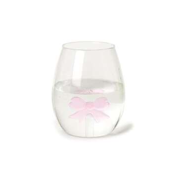 Two's Company Pink Bow Stemless Wine Glass (Hand Wash Only) - Elegant Drinkware, Handcrafted Wine Gl...