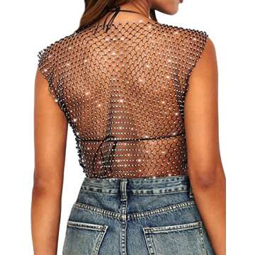 CYCLAMEN Women's Rhinestone Body Chains Sleeveless Crop Tank Tops Crystal See Through Mesh Diamond F...