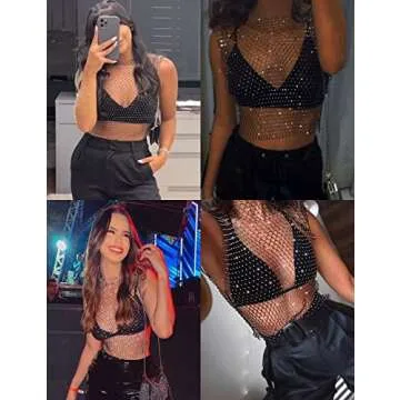 Shiny CYCLAMEN Rhinestone Body Chains Crop Top for Women