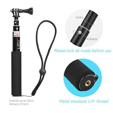 HSU Extendable Selfie Stick， Waterproof Hand Grip for GoPro Hero 13/12/11/10/9/8/7/6/5/4, Handheld...