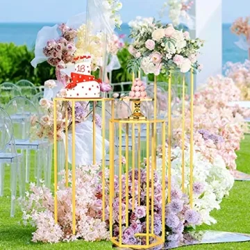 Gold Hexagon Pedestal Stand Set of 3 Cylinder Tables