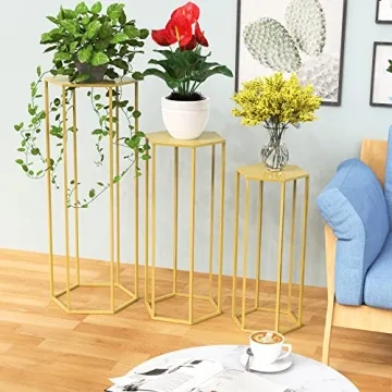 Gold Hexagon Pedestal Stand Set of 3 Cylinder Tables