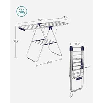 SONGMICS Clothes Drying Rack, with Sock Clips, Metal Laundry Rack, Foldable, Space-Saving, Free-Standing Airer, with 2 Height-Adjustable Gullwings, Indoor Outdoor Use, Silver and Blue ULLR52BU