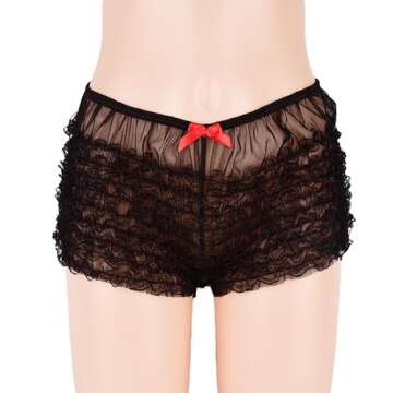 ENGKELAI Women's Lace Shorts, Women's sexy underwear with pleated and layered lace lace flat corner pants (Polyester, Black)