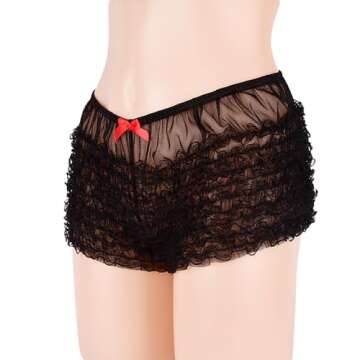 ENGKELAI Women's Lace Shorts, Women's sexy underwear with pleated and layered lace lace flat corner pants (Polyester, Black)