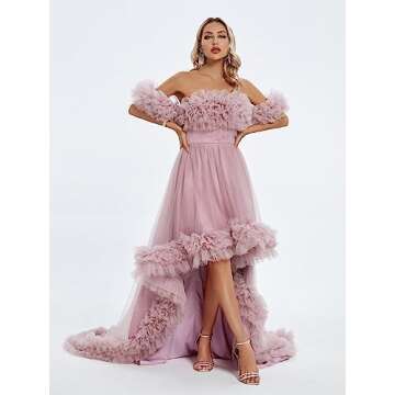 Jerald Norton Womens Tulle Prom Dresses Ball Gown Off The Shoulder High Low Ruffles Formal Party Dresses Lavender 6
