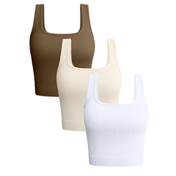 OQQ Women's 3 Piece Tank Tops Ribbed Seamless Workout Exercise Shirts 2025 Summer Basic Camis Coffee...