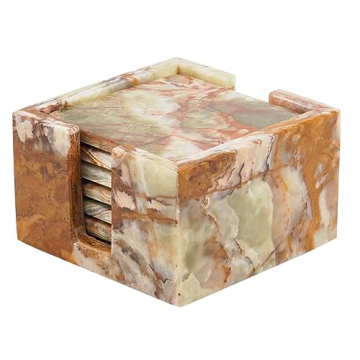 Radicaln Marble Coaster Set with Holder 3.5'' Inches Green Onyx Square Handmade Drink Coasters for H...