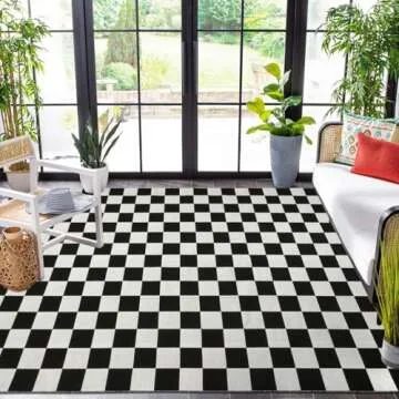 LEEVAN Black and White Checkered Outdoor Area Rug 5x7 ft Machine Washable Checkerboard Indoor Rug Ex...
