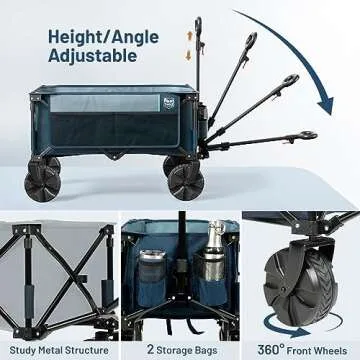 TIMBER RIDGE Outdoor Collapsible Wagon Utility Folding Cart Heavy Duty All Terrain Wheels for Shopping Camping Garden with Side Bag and Cup Holders,Navy