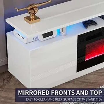 LUXOAK Modern Fireplace TV Stand with 36" Electric Fireplace, High Gloss Finish Media Console with Open Storage, LED Lights Entertainment Center for TVs Up to 80", White