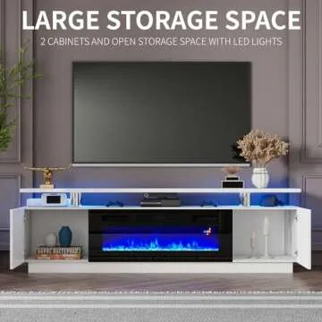 LUXOAK Modern Fireplace TV Stand with 36" Electric Fireplace, High Gloss Finish Media Console with Open Storage, LED Lights Entertainment Center for TVs Up to 80", White