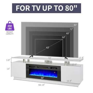 LUXOAK Modern Fireplace TV Stand with 36" Electric Fireplace, High Gloss Finish Media Console with Open Storage, LED Lights Entertainment Center for TVs Up to 80", White