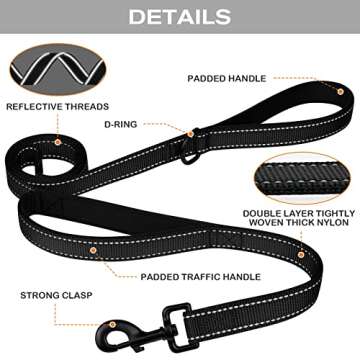 Joytale Dog Leash Heavy Duty for Large Dogs That Pull, Double Handle for Traffic Control, Double-Sided Reflective Leashes for Large Medium Dogs Night Safety, 6FT, Black