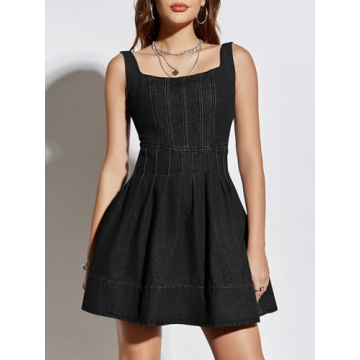 Wenrine Women's Summer Tank Denim Mini Dress Casual Sweetheart Neck Adjustable Strap A Line Jean Dress (US, Alpha, Medium, Regular, Regular, Black)