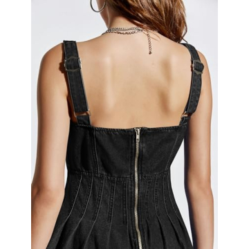 Wenrine Women's Summer Tank Denim Mini Dress Casual Sweetheart Neck Adjustable Strap A Line Jean Dress (US, Alpha, Medium, Regular, Regular, Black)