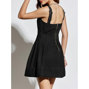 Wenrine Women's Summer Tank Denim Mini Dress Casual Sweetheart Neck Adjustable Strap A Line Jean Dress (US, Alpha, Medium, Regular, Regular, Black)
