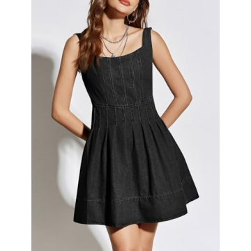 Wenrine Women's Summer Tank Denim Mini Dress Casual Sweetheart Neck Adjustable Strap A Line Jean Dress (US, Alpha, Medium, Regular, Regular, Black)