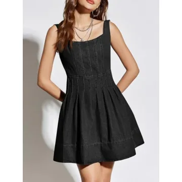 Wenrine Women's Summer Tank Denim Mini Dress Casual Sweetheart Neck Adjustable Strap A Line Jean Dress (US, Alpha, Medium, Regular, Regular, Black)
