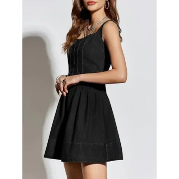 Wenrine Women's Summer Tank Denim Mini Dress Casual Sweetheart Neck Adjustable Strap A Line Jean Dress (US, Alpha, Medium, Regular, Regular, Black)