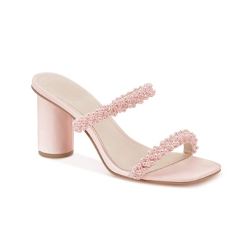 Guayonng Womens Chunky Heeled Sandals - Pearl Strappy Open Toe Block Heels for Stylish Comfort