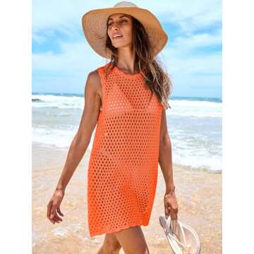 ANRABESS Womens Swimsuit Cover Up Sleeveless Knit 2025 Summer Outfits Swimwear Bathing Suit Coverup Crochet Beach Dress Orange Small