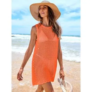 ANRABESS Womens Swimsuit Cover Up Sleeveless Knit 2025 Summer Outfits Swimwear Bathing Suit Coverup Crochet Beach Dress Orange Small