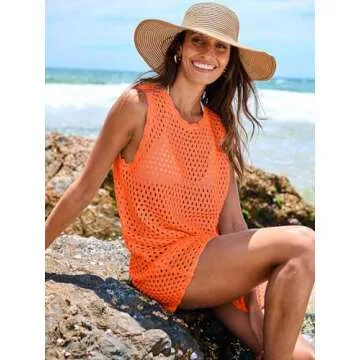 ANRABESS Womens Swimsuit Cover Up Sleeveless Knit 2025 Summer Outfits Swimwear Bathing Suit Coverup Crochet Beach Dress Orange Small