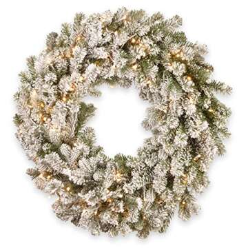 National Tree Company Pre-Lit 'Feel Real' Artificial Christmas Wreath, Green, Snowy Sheffield Spruce, White Lights, Decorated with Frosted Branches, Christmas Collection, 30 Inches