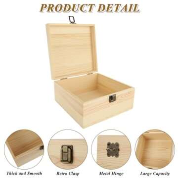 ABuff 2 Pack Unfinished Wooden Box with Hinged Lid, Wooden Storage Box Container Keepsake Box, Vintage Wood Gift Boxes for DIY Crafts, Art Hobbies, Jewelry Box and Home Storage 7.7'' x 7.7'' x 3.9''