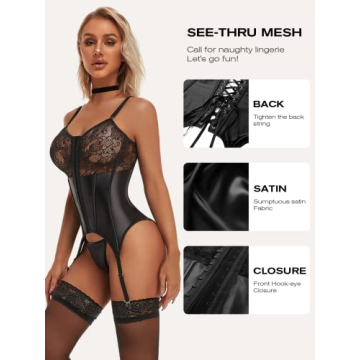 Plus Size Black Satin Lace Corset Set for Women