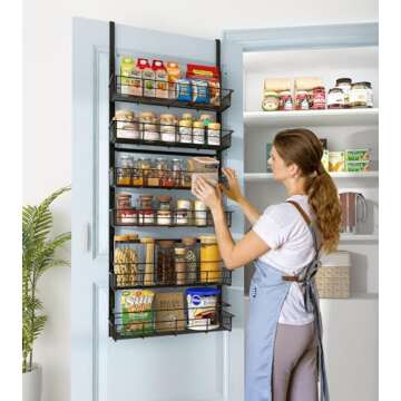 Mefirt Over The Door Pantry Organizer, Pantry Storage and Organization, 6-Tier Adjustable Hanging Baskets, Metal Wall Mount Spice Rack Seasoning Shelves for Home & Kitchen, Laundry Bathroom - Black