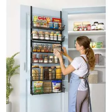 Mefirt Over The Door Pantry Organizer, Pantry Storage and Organization, 6-Tier Adjustable Hanging Baskets, Metal Wall Mount Spice Rack Seasoning Shelves for Home & Kitchen, Laundry Bathroom - Black