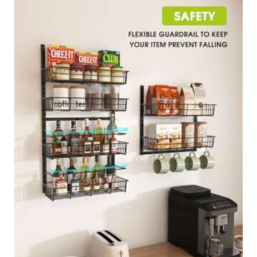 Mefirt Over The Door Pantry Organizer, Pantry Storage and Organization, 6-Tier Adjustable Hanging Baskets, Metal Wall Mount Spice Rack Seasoning Shelves for Home & Kitchen, Laundry Bathroom - Black