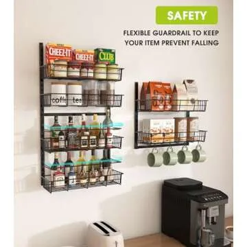 Mefirt Over The Door Pantry Organizer, Pantry Storage and Organization, 6-Tier Adjustable Hanging Baskets, Metal Wall Mount Spice Rack Seasoning Shelves for Home & Kitchen, Laundry Bathroom - Black