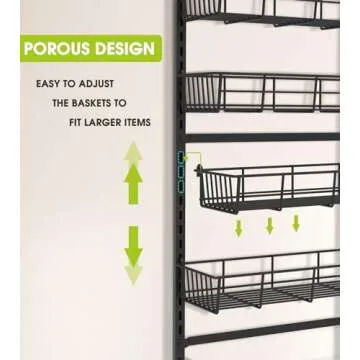 Mefirt Over The Door Pantry Organizer, Pantry Storage and Organization, 6-Tier Adjustable Hanging Baskets, Metal Wall Mount Spice Rack Seasoning Shelves for Home & Kitchen, Laundry Bathroom - Black