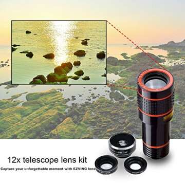 Cell Phone Camera Lens Attachment Kit, EZVING 4 in 1 HD 12X Optical Telescope Lens Fisheye Wide Angle Macro Lens w/Universal Clip Tripod iPhone 6/7/6s Plus,Samsung,Google,LG and Other Smart Phones