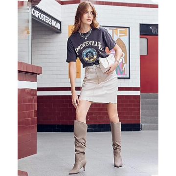 Womens Slouchy Knee High Boots Wide Calf Kitten Heel Pointed Toe Pull On Long Boots Winter Shoes Taupe