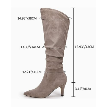 Womens Slouchy Knee High Boots Wide Calf Kitten Heel Pointed Toe Pull On Long Boots Winter Shoes Taupe