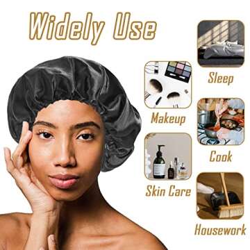 2 Pcs Satin Bonnet Silk Bonnets,Double-Sided Adjustable Sleep Cap for Long Curly Hair,Natural Braids,Big Hair(Black+Khaki)