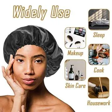 2 Pcs Satin Bonnet Silk Bonnets,Double-Sided Adjustable Sleep Cap for Long Curly Hair,Natural Braids,Big Hair(Black+Khaki)